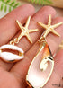 Boho Earrings, Dangle Earrings, Starfish Shell Cowrie White Gold